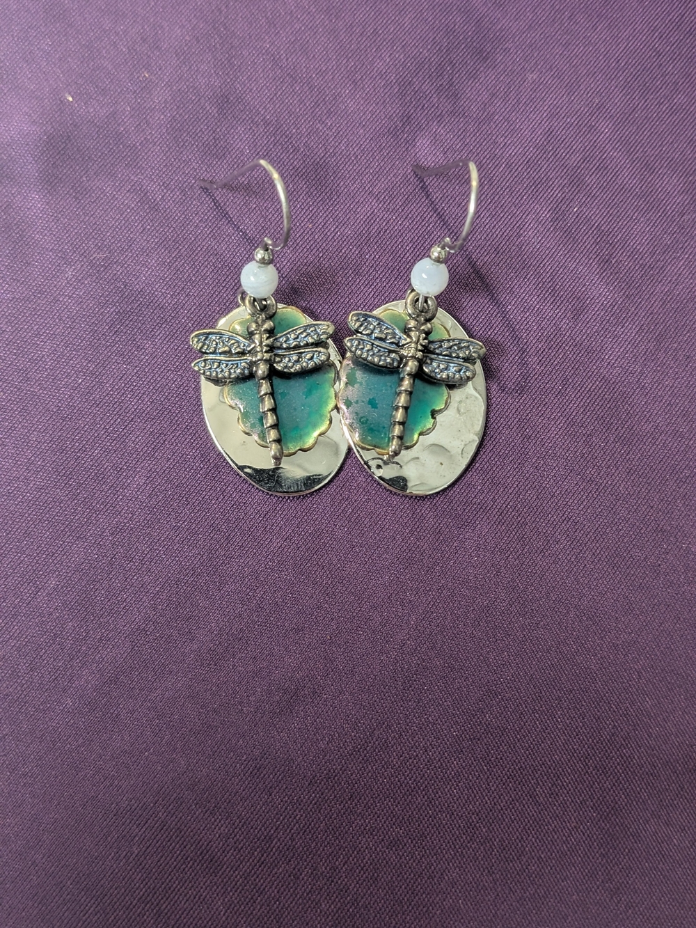 Silver Dragonfly Dangle Earrings with Teal Accents